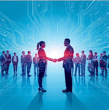 Multinational business meeting with agreement signing, featuring diverse professionals and flags.